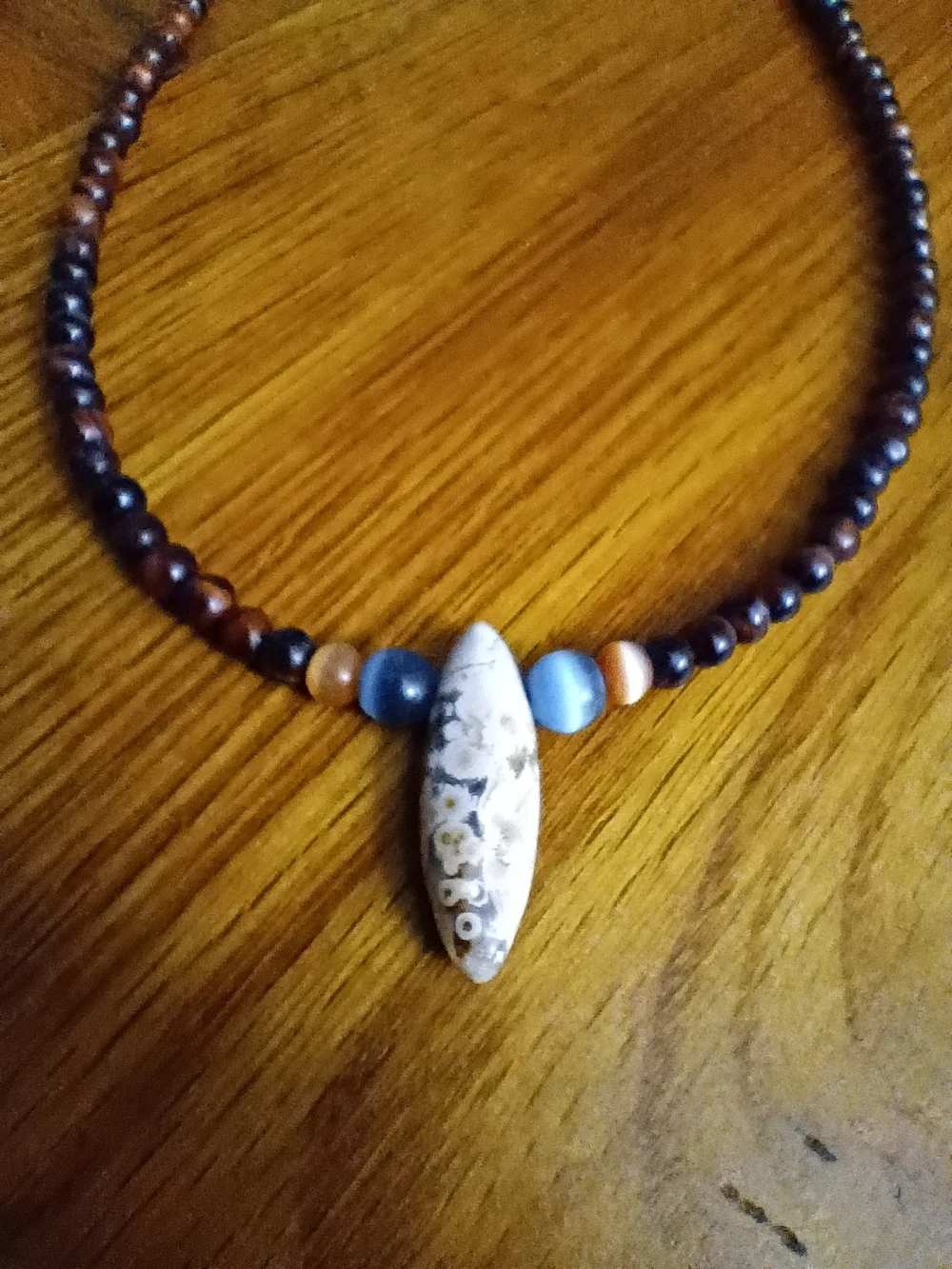 Handmade Brown Stone Beaded Necklace with White Stone Pendant
